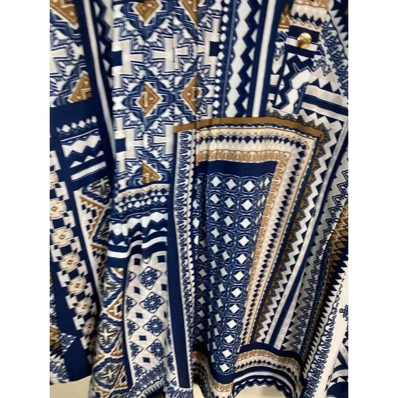 SOLD💙Cocomo Top Women Size Large Blue White Geometric Blouse Stretch 3/4 Sleeves - Picture 13 of 16